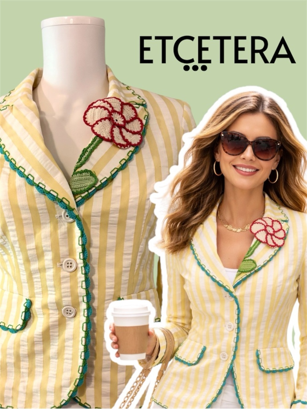 ETCETERA Women’s Yellow Striped Blazer with Crochet Accents Size 2